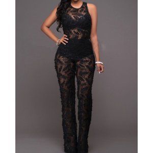 NWT L'Atiste Sexy Black Lace Applique Flare Leg Jumpsuit
